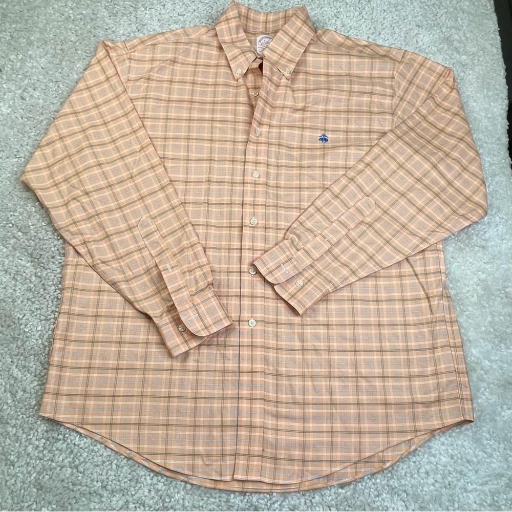 Brooks Brothers button shirt non iron orange plaid checked blue pig large